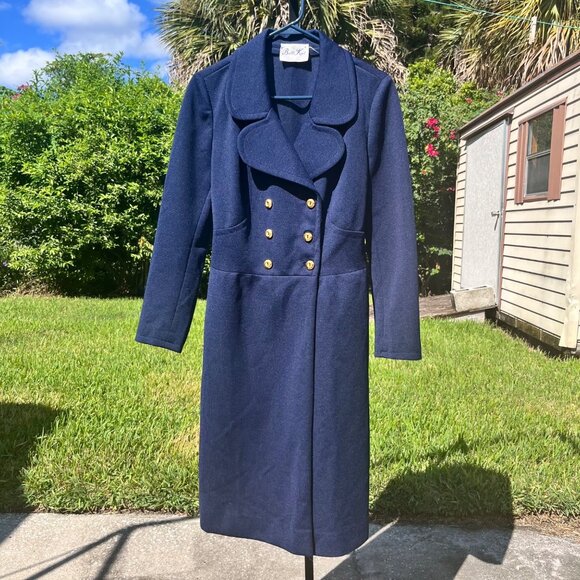 Vintage Butte Knit Navy Blue Double Breasted Long Princess Coat Size S - Picture 1 of 6